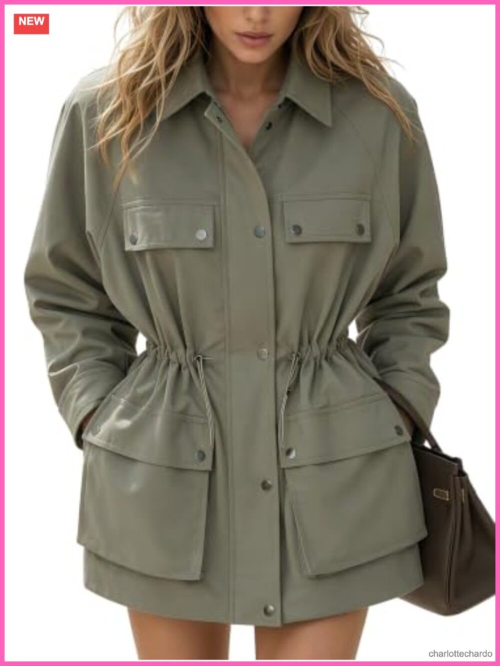 Womens Trench Coat Button Front Drawstring Waist Plaid Lining Jacket